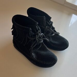 Black Fringe Minnetonka Toddler Moccasin Boots - Soft Suede Look